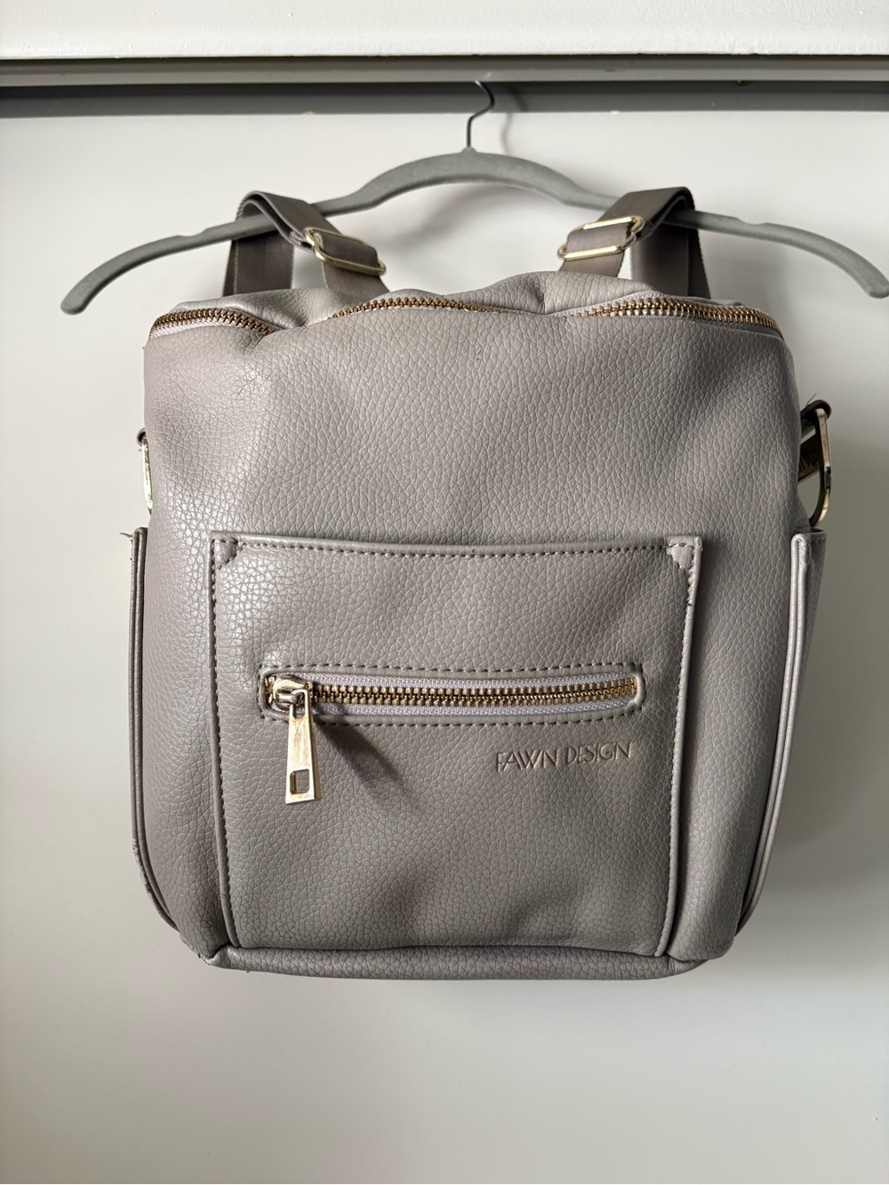 Fawn Design Taupe Gray Leather Backpack with Gold Hardware